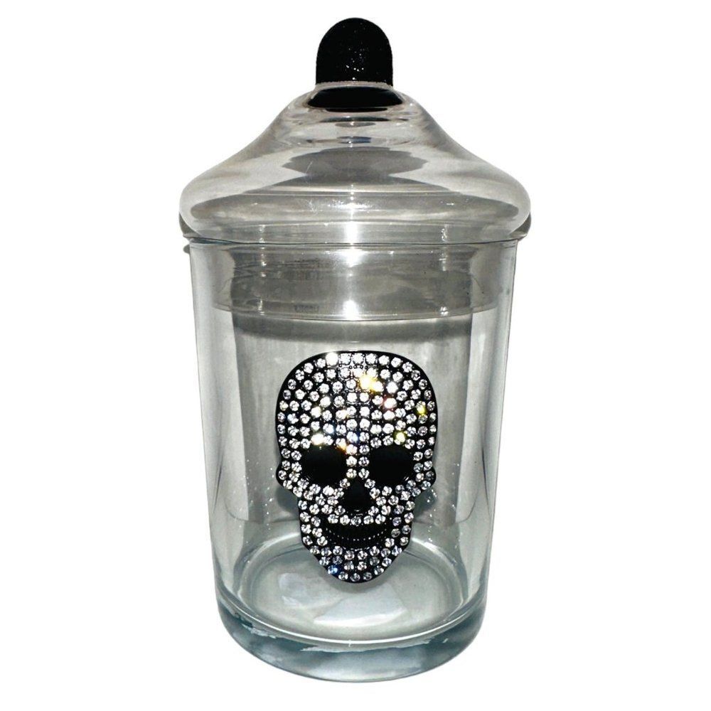 BX1 Rhinestone Glass Skull Candy Canister Halloween Decor Makeup Holder New Clea